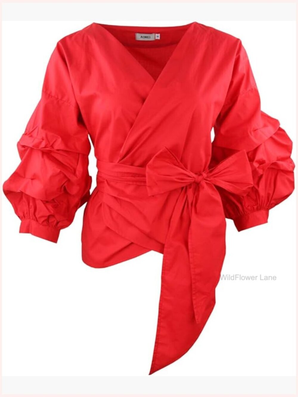 Women's Puff Sleeve V Neck Blouse with Tie Sash 3/4 Sleeve